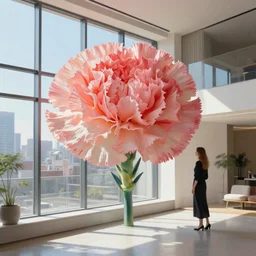 giant carnation flower head, woman standing next to modern window in luxury loft, surreal photography, sunlight, impressionist painting, digital painting, artstation, simon stalenhag
