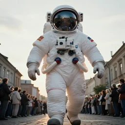 color photograph by legnica, extreme low angle long shot, white extremely oversized giant!! chubby fat american astronaut in spacesut with oversized helmet walking in legnica, surrounded by crowd, movie still, bokeh, cinematic focus, backlighting!, sunrise, dramatic, film, photography, depth of field, award - winning, overcast, 8 k, 3 5 mm film grain
