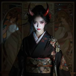 a photorealistic dramatic fantasy render of a beautiful woman wearing a clasical japanese kimono, with demon horns and tears in her eyes, by wlop, artgerm, greg rutkowski, alphonse mucha, beautiful dynamic dramatic dark moody lighting, shadows, cinematic atmosphere, artstation, concept design art, octane render, 4 k