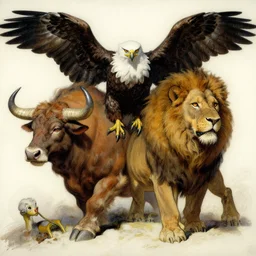 a creature with the body and eyes of a man, with the beak of an eagle, the mane of a lion, and the horn of an ox. drawn by frank frazetta