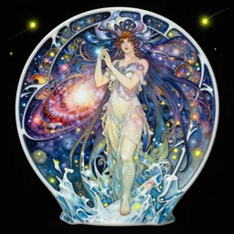 cuberpunk, galaxy character, carving on southern ice porcelain , overdetailed art, by greg rutkowski, by Alfons Mucha, complementing colors, magic, colorful lights, fireflies, detailed illustration