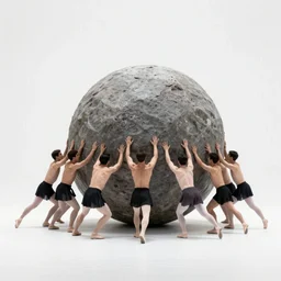 a horde of sisyphusses pushing a huge boulder through an empty space, white background, ballet performance photography