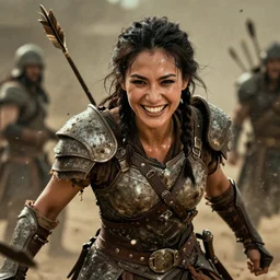 sweated  smiling beautiful ancient princess tribeswoman  in fighting rage, partially destroyed armor inspired monster hunter, low shot camera, muscular, symmetrical face, clean face, subtle make up, debris and arrows flies around her, frozen time effect,dramatic lighting, cinematic, establishing shot, extremely high detail, photorealistic, 300 the movie,monster hunter the movie, dune the movie, cinematic lighting, artstation, octane render, western,old photo, vintage