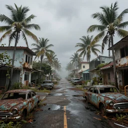 wide angle shot of dilapidated fallout 5 tropical coastal city in real life, desolate, dilapidated, empty streets, nightmarish, some rusted retro futuristic fallout vintage style parked cars, overcast, blankets of fog pockets, rain, volumetric lighting, beautiful, daytime, autumn, sharp focus, ultra detailed, cgsociety