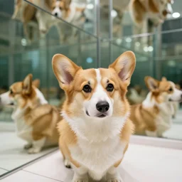 closeup of corgi in a hall of mirrors, 4k, DSLR photo, architectural photography