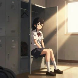 school girl sitting in a school locker room - dramatic cozy poster by wlop and okuda genso. wide angle lens. featured on pixiv, anime aesthetic. pixiv, warm aesthetic, rays of light, volumetric light, artstation, vanitas, official art, gothic, noise film photo. octane render, redshift render, ue 4