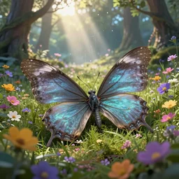 dying grey demon with two heads and huge wide butterfly wings laying in beautiful summer flowers in amazing serene landscape in sun rays All the flowers around me are blooming. Lovely Peaceful elvish forest on corners. Meteorite rain on background