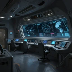 scifi art by Greg Rutkowski, the ship's bridge deck, full of screens and holographic maps with a large window looking into space, functional and elegant look, but minimalist, and a bit dark and lonely, claustrophobic and futuristic environment, detailed and intricate environment, high technology, highly detailed portrait, digital painting, artstation, concept art, smooth, sharp foccus ilustration, Artstation HQ.