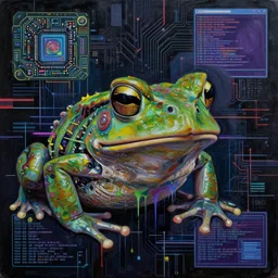 toad head, toads, mechanical, technical, abstract, acrylic, oil, circuit board, computers, vektroid album cover, vectors, drips, dimensions, breakcore, leaks, glitches, frogs, amphibians, geometry, data, datamosh, motherboard, code, y 2 k, painting, dark, old web, cyber