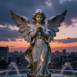 a stone statue of angel, statue is a fountain, water is dripping from angel's eyes, there is midnight sunset, rim lights and caustics, super realistic render vray, clouds and corrupted city behind, blizzard sharp dynamic lights