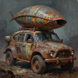 oil painting of evil terrified dystopian macerated vehicle, massive pickelhaub top rusting, horror book jacket illustration baked 6 0 0 f by wayne d barlowe, geof darrow