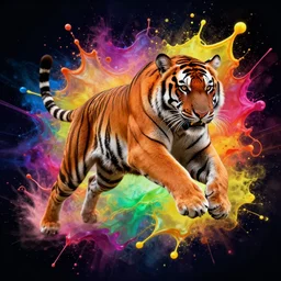 tiger jumping at camera splash art graphic design color splash high contrasting art, fantasy, highly detailed, art by greg rutkowski