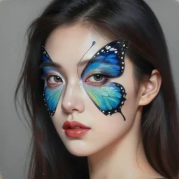 a woman with her face painted like a butterfly. beautiful highly detailed face. painting by artgerm and greg rutkowski and raymond swanland.