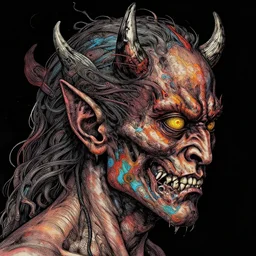 colored demons coming out of human head, detailed intricate ink illustration, dark atmosphere, detailed illustration, hd, 4k, digital art, overdetailed art, concept art, by greg rutkowski, by loish, complementing colors, Trending on artstation, deviantart