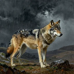 wolf in heavy rainstorm. painting by salvador dali, lucas cranach