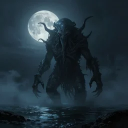 a cthulhu in an ocean lit only by the light reflected off the moon, digital painting, artstation, dark, fog
