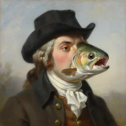 a head and shoulders portrait painting of an anthropomorphic!!!!!!!!!! trout fish!!!!!!!!!! wearing a colonial outfit without a hat looking off camera, a character portrait, american romanticism, oil on canvas, soft focus