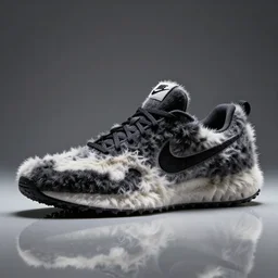 nike shoe made of very organic structure fluffy black and white faux fur placed on reflective surface, professional advertising, overhead lighting, heavy detail, realistic by nate vanhook, mark miner
