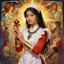 pulp art, gorgeous maid, long hair vietnamese girl at shaman ritual, iranian, wooden jewerly, elegant, vibrant, smooth, by ilya kuvshinov, craig mullins, edgar maxence, alphonse mucha, artgerm, sakimichan