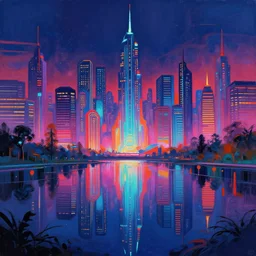 a digital painting of a cyberpunk city at night surrounded by a glistening lake by stephan martiniere, trending on artstation, utopian art deco, saturated, hyper colorful