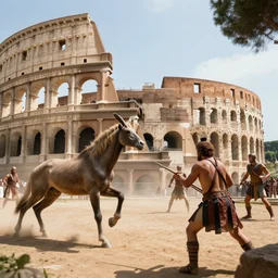 animal in the stand of a colosseum watching gladiators fight