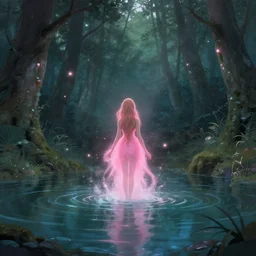 forest nymph rising from the water. pink pixie dust. view from behind, wide angle view, back view. nuri iyem, james gurney, james jean, greg rutkowski, anato finnstark. trending on artstation, starlight, and enchanted dreams