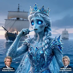 frozen zombie man with a crown, eyes glowing blue, saling ship in the background, is at dawn and bluish, fantasy, intricate, elegant, highly detailed, digital painting, artstation, concept art, matte, sharp focus, illustration, art by aenaluck and roberto ferri and greg rutkowski, epic fantasy, digital painting