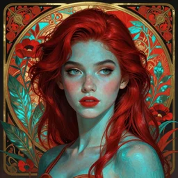 kathlyn bernardo as darna, volumetric lights, red and cyan theme, art nouveau botanicals, intricate, highly detailed, digital painting, artstation, concept art, smooth, sharp focus, cinematic, illustration, beautiful face, art by artgerm and greg rutkowski and alphonse mucha