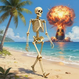 Beautiful digital painting portrait of relaxed (((skeleton walking on the tropical beach))) with nuclear bomb explosion in the background!!!, by James Gurney, high quality, trending on Artstation, aesthetic lightning, anatomically correct skeleton, high coherence, blue sky