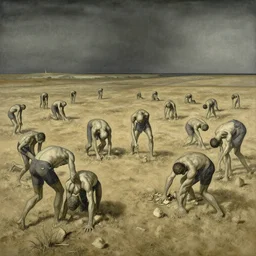 souls of the damned toiling away on barren land, artwork by Zdzisław Beksiński