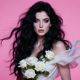 portrait of kate bush against a neon pink background, lush black hair, pale skin, white roses, flowing material, intricate, beautiful cinematic lighting, stunning painting by artgerm, caravaggio, android jones, wadim kashin