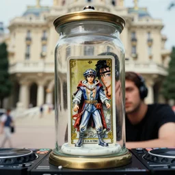 cinestill 5 0 d, 8 k ; esoteric ultra realistic ran meets ronin ( 1 9 9 0 ) film still dj set negresco scene in frontiers in porcelain product photography june closeup 3 / 4 portrait edition, hyperrealistic real - life seinen manga burning dj pilot tarot card porcelain occult figurine in a victorian glass jar, eye contact, tilt shift wide shot zaha hadid background