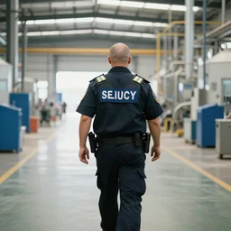a bald guy in a security guard outfit patrolling the factory
