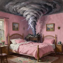 classic oil painting, wide shot of an f 5 tornado inside of a pink bedroom, as a book cover illustration, lightning strike, cottagecore, intricately detailed, comfy, readability, concept art, sharp focus, art by brothers hildebrandt