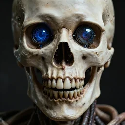 human skull, with cybernetic eyes. mouth & teeth of a xenomorph. photorealistic horror in the style of lovecraft.