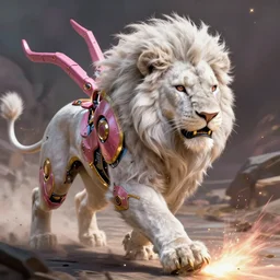 concept art of portrait of a white anthropomorphic lion, cyborg armor pink and gold, launching an attack!!, running to the camera!!, style like ajani goldmane, like a heroes of the storm, by artgerm and greg rutkowski and magali villeneuve