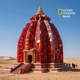 colorful photograph a giant ornate temple made of bright red ruby glass in the desert, national geographic award winning photo