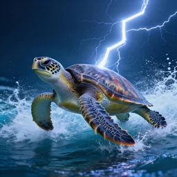 photorealistic sea turtle riding waves of lightning. hyperdetailed photorealism, 1 0 8 megapixels, amazing depth, glowing rich colors, powerful imagery, psychedelic overtones, 3 d finalrender, 3 d shading, cinematic lighting, artstation concept art