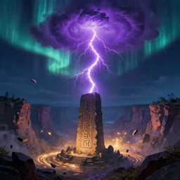 concept art, aurora night, horrible purple lightning tornado appears above a huge rune stone monument on the mysterious atlantis canyon basin. the rubble is floating, warm, starlight is rippling, dreamlike, magnificent movie scenes, strokes, trending on artstation, matte painting