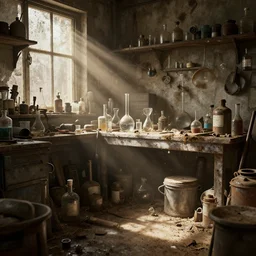 highly detailed professional render. professional cg artist. dusty, grungy, dirty old workshop with sun rays casting shadows and light onto various glassware and old paraphernalia and chemical substances. artstation, cgsociety, deviantart. octane, maya, 3 dsmax, vray. subsurface scattering, bi - directional path tracing, caustics, volumetric lighting. 8 k. hdr.