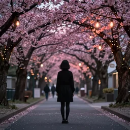 a dramatic colorful fujifilm photograph of a young japanese girls silhouette standing in the middle of a tranquil desolate tokyo street lit with exposed edison bulbs and lined with blossoming ornamental cherry trees.