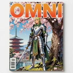 1979 OMNI Magazine Cover of a Druidic elf with armor by a cherry tree in Neo-Kyoto in cyberpunk style by Vincent Di Fate