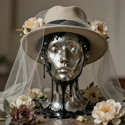 a head made out of metal and glass melting, neutral palette, it is wearing a hat and a veil, there are flowers all around it, black paint melting, vogue cover style, depth of field, greg rutkowski style