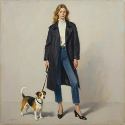 beautiful painted woman fashion with dog on leash oil painting by Erte
