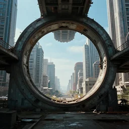 centered circular derelict portal in a middle of a futuristic cityscape located under a bridgeway, world seen only through a portal, daylight, cinematic perspective, cinematic lighting, blue sky, syd mead, john harris, symmetrical