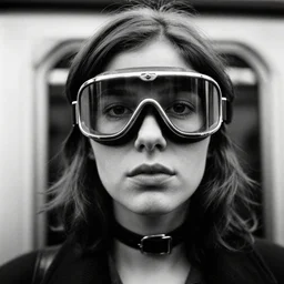 close - up portrait of a young woman wearing a choker and welding goggles, in a subway, richard avedon, tri - x pan