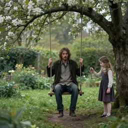 a man sits in a swing by apple tree in a secret garden. a girl holds a key. folk horror. eerie. fine detail. realistic