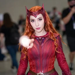 nayeon cosplaying as the scarlet witch, dragoncon, 3 5 mm, f / 2. 8, flash fired