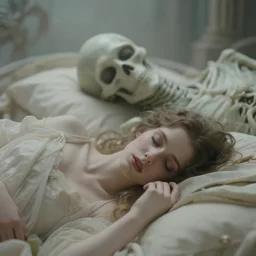 cinestill 5 0 d depht of gfield of a dreamy beautiful pre - raphaelite couple hypnos and thanatos in style of annie liebovitz - john watherhouse, sleeping in a dystopian environment, elegant, highly detailed, pale tonal matt, soft blur, artstation, head in focus