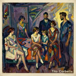 1920s moody art deco by Tito Corbella, a family enshrouded in an abstract representation of their own bedroom, thick impressionist brush strokes, figurative art by Bob Peak and by Mark Tennant, vintage postcard